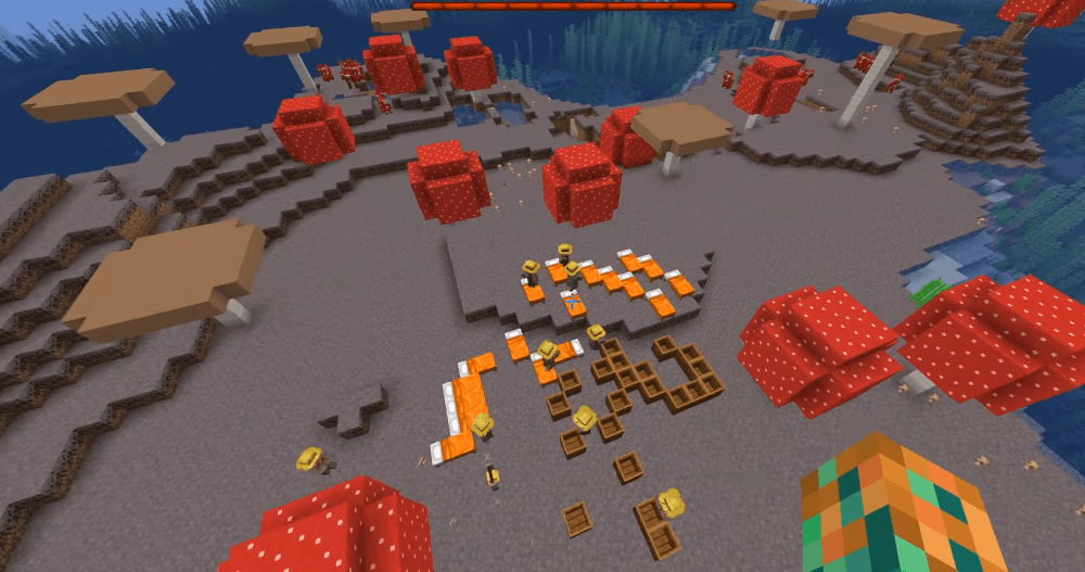 Defesa de uma aldeia na ilha de cogumelos em Minecraft